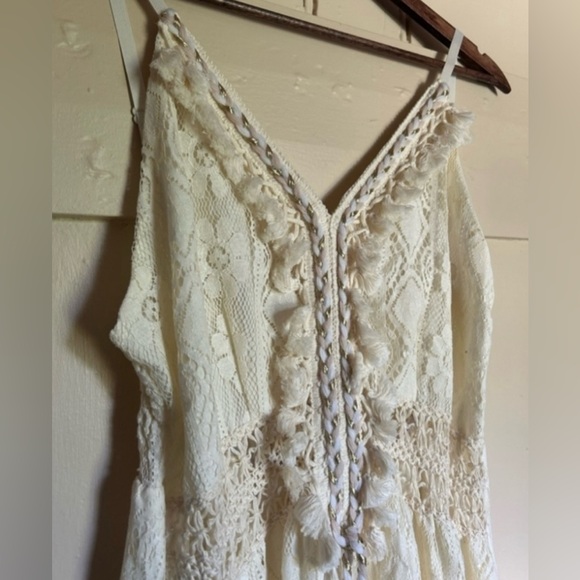 FINAL PRICE Boho Lace Dress with Large Pom Poms and Fringe, size Medium - Picture 2 of 5